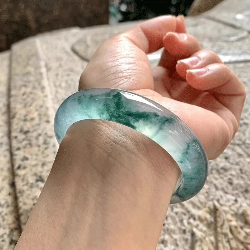 Jadeite bracelet ice natural jade toffee bracelet half mountain half water floating flower