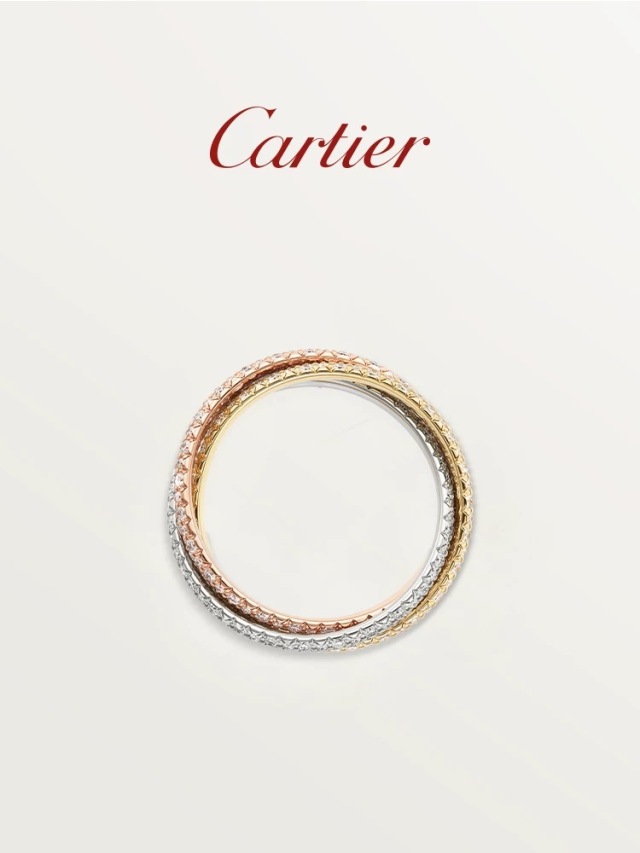 Cartier Trinity ring in rose gold, yellow gold, white gold and diamonds, three rings, small size.
